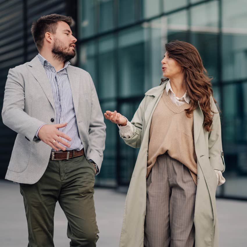 deep conversationalist woman telling her co-worker that's interesting because while walking and talking