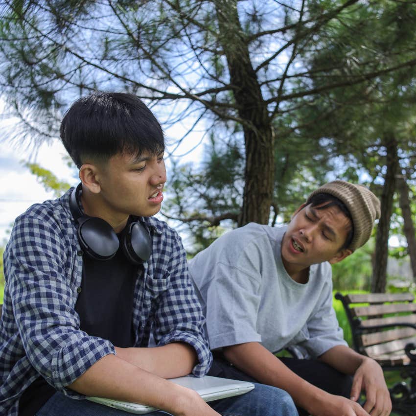 man who is slowly losing mental emotional patience tells friend he is tired of dealing with his problem