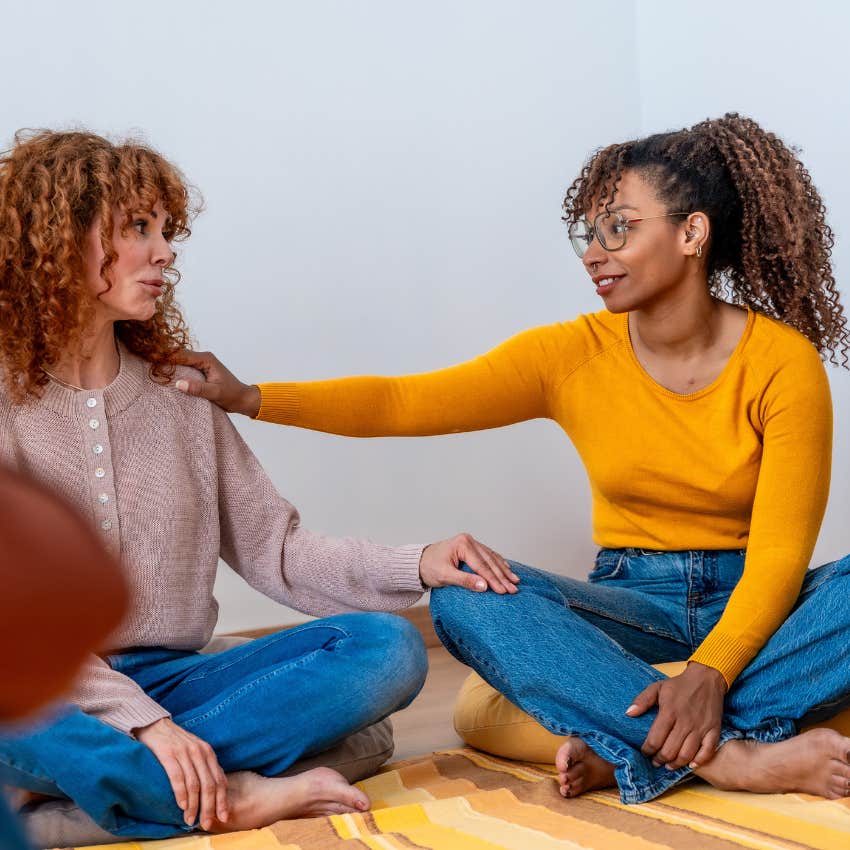 woman telling her friend she feels lucky to know her
