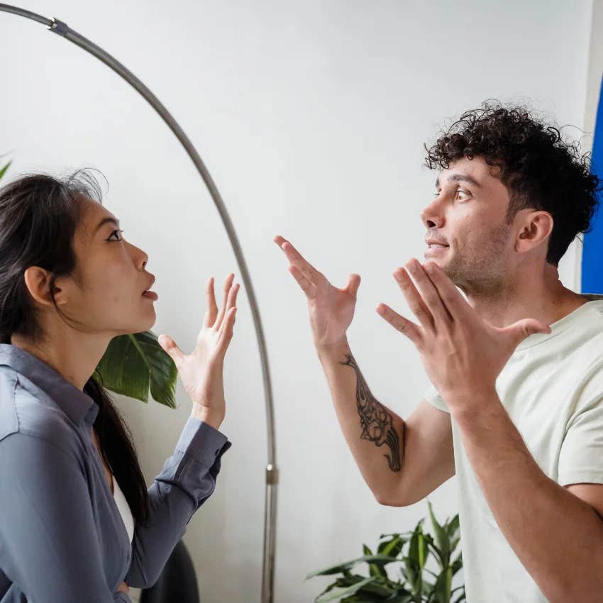 seriously irritated boyfriend asking girlfriend can we just move on during an argument