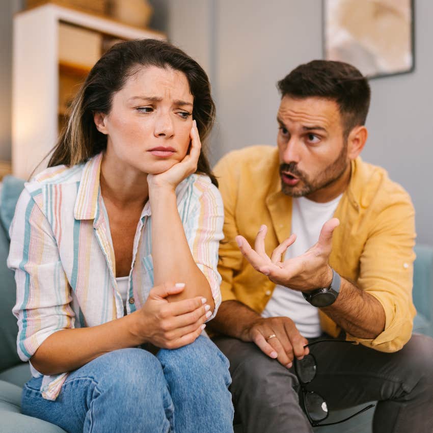 unhappy couple staying in bad relationship because of life advice from boomer parents