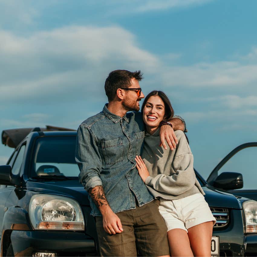 couple happy on road trip uses law of association to stay together during hard times