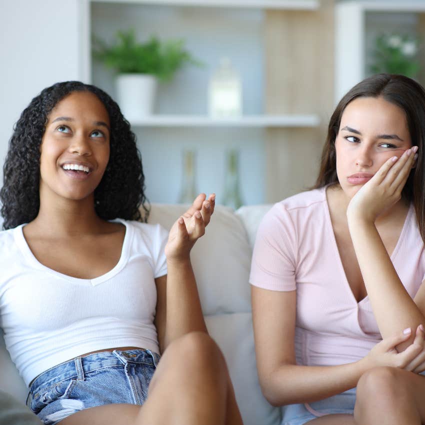 woman with zero respect for boundaries bringing the conversation back to her and annoying friend