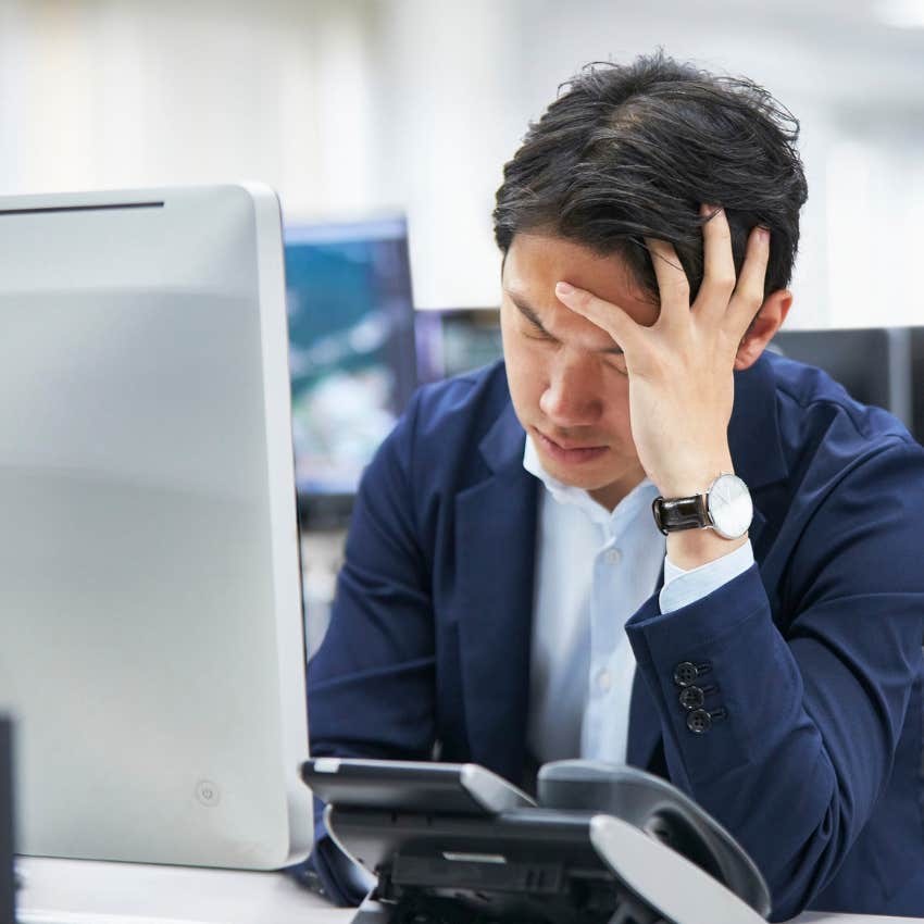 worn out man complaining about work