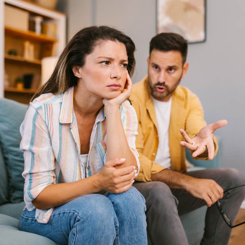 unempathetic man telling upset wife to get over it