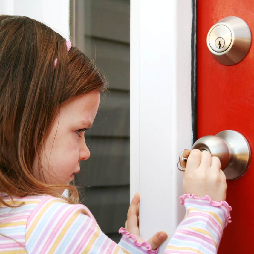 little girl who is a latchkey kid coming home to an empty house
