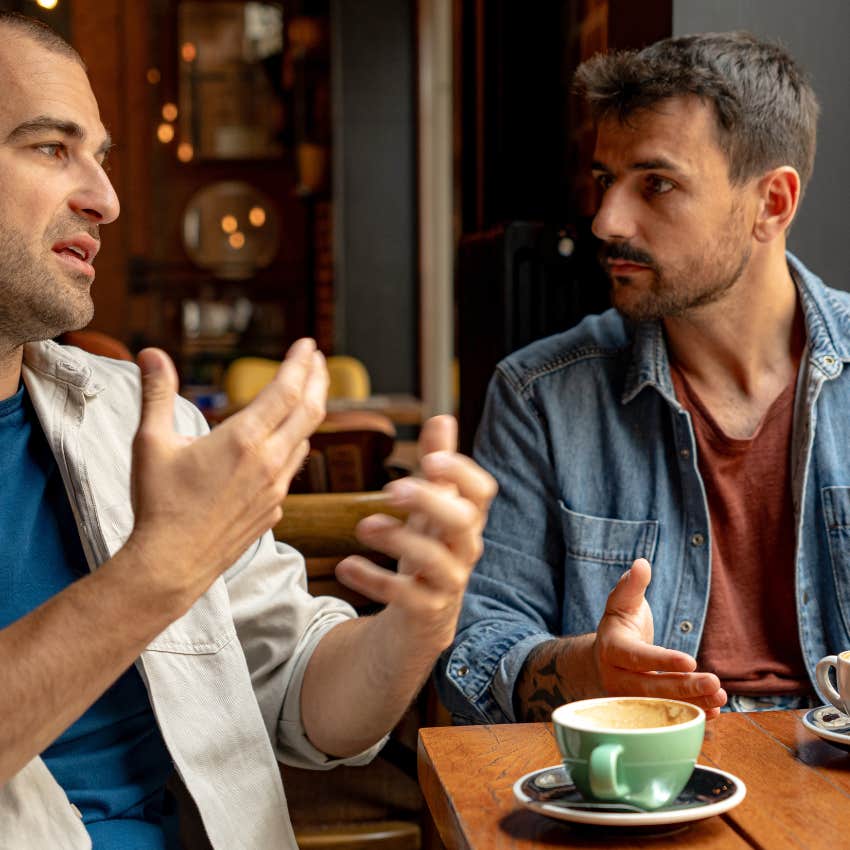 awkward man listening to his friend speak instead of talking about himself