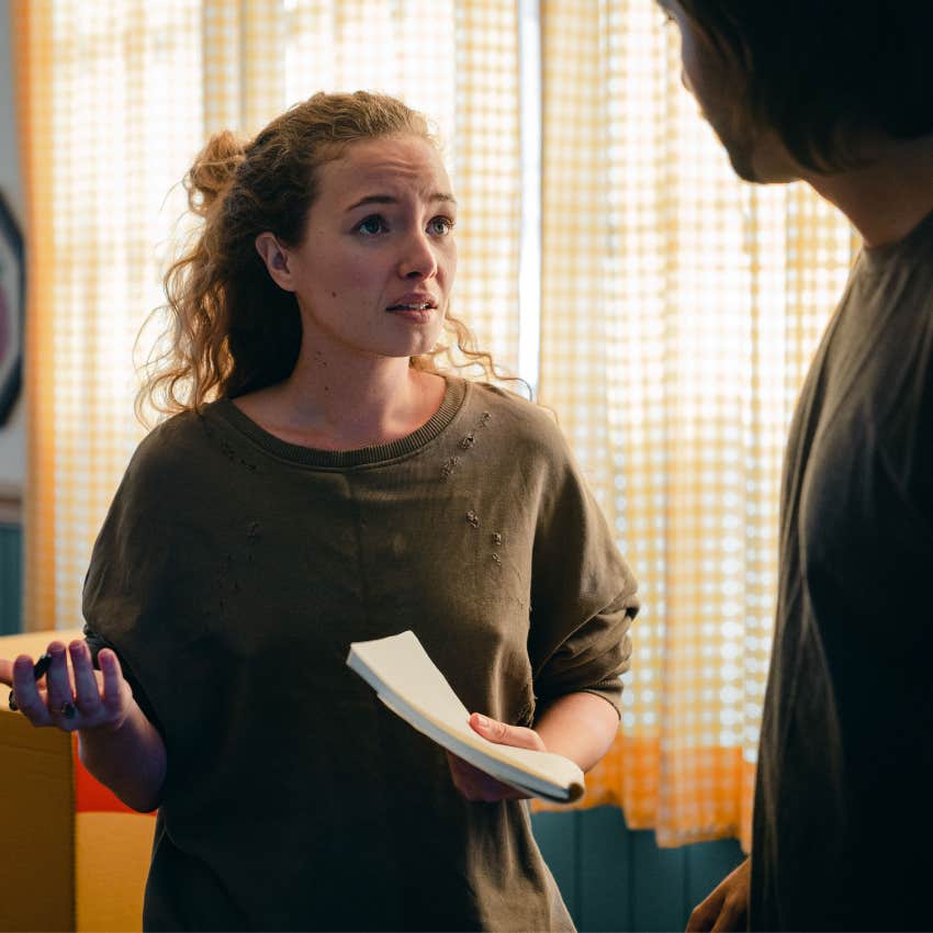 Kind woman looking uncomfortable as she struggles to set a boundary and say no to someone asking for a favor