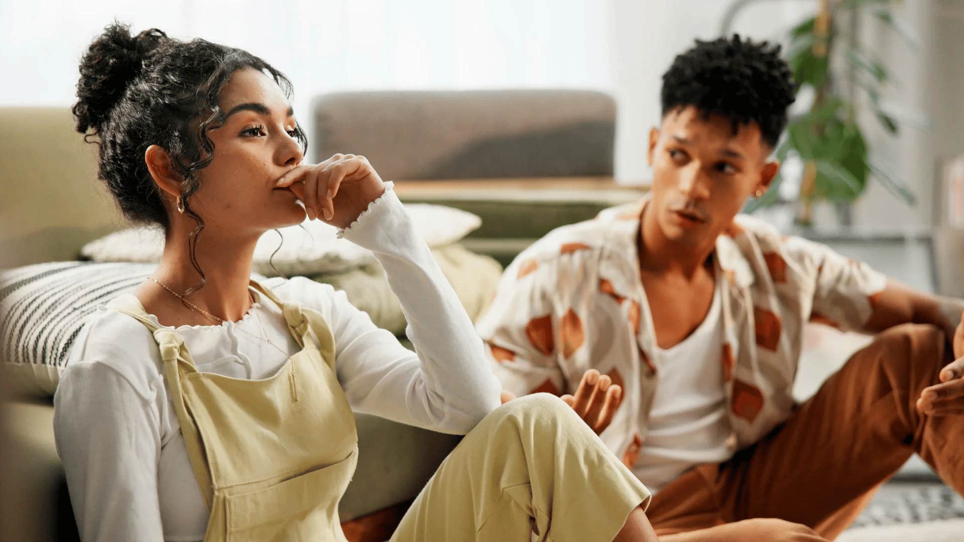 annoyed wife starting conflict with her concerned husband