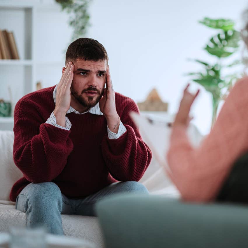 anxious paranoid man talking to therapist saying man saying I have a bad feeling about it