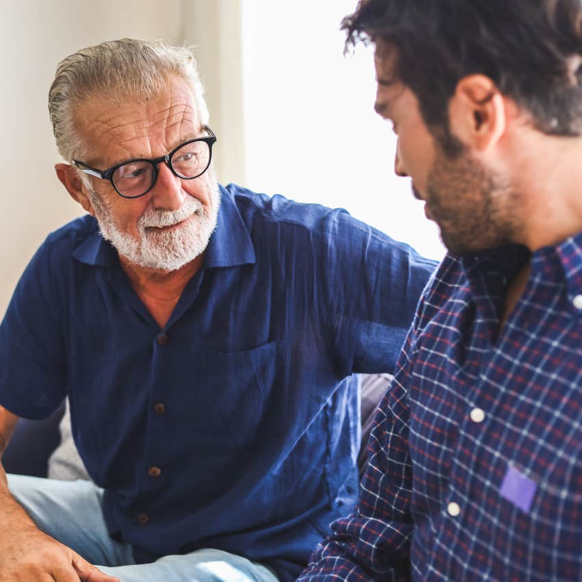 boomer man sharing his thoughts about work life balance with his son