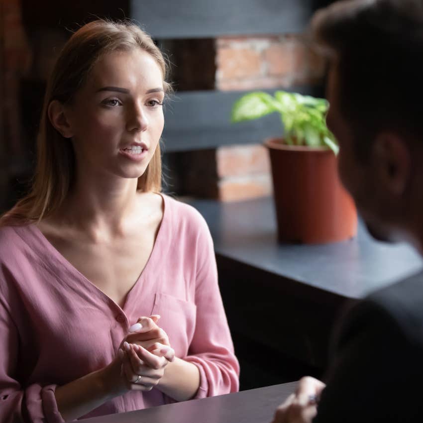 woman slowly losing her capacity for small talk saying they can sit here