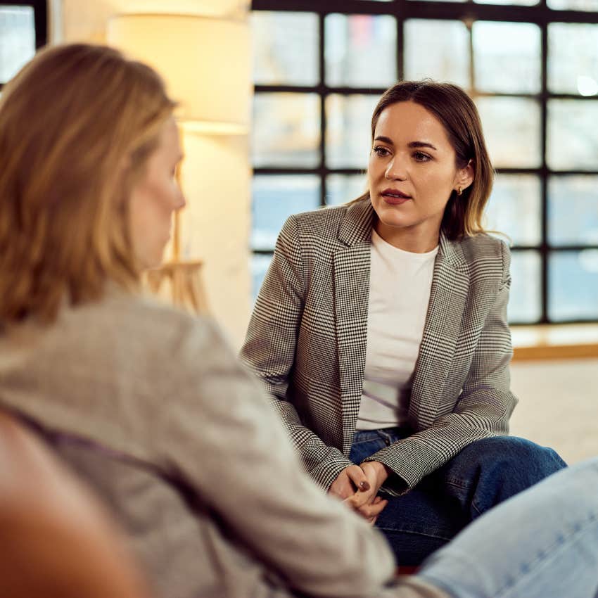 woman slowly losing tolerance for nonsense saying deal with it