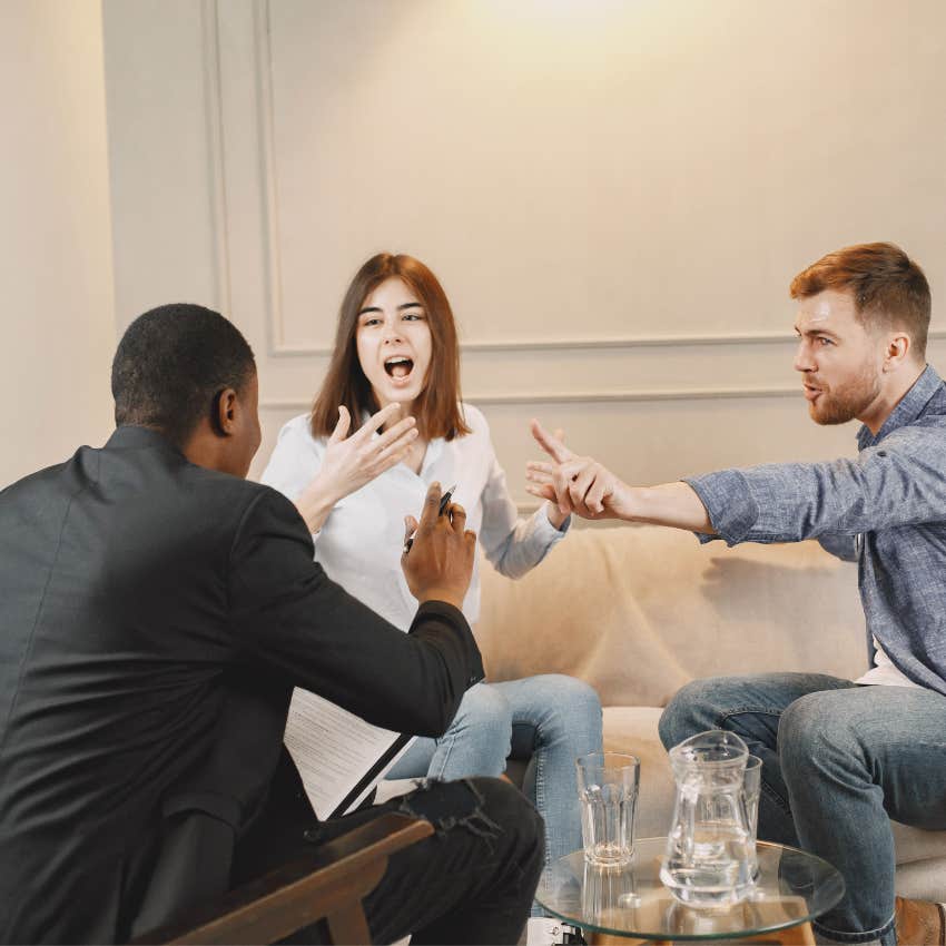 woman trying to calm down friends and fix the tension