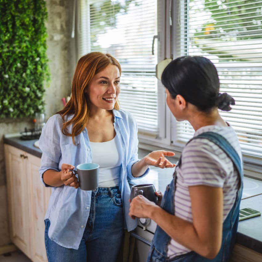 woman who minds her own business having coffee with a friend refuses to talk about other people behind their backs