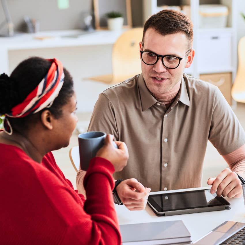 Intelligent man having endless small talk at work.
