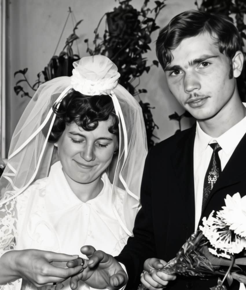 black and white photo of a couple in the 1960s at their wedding 