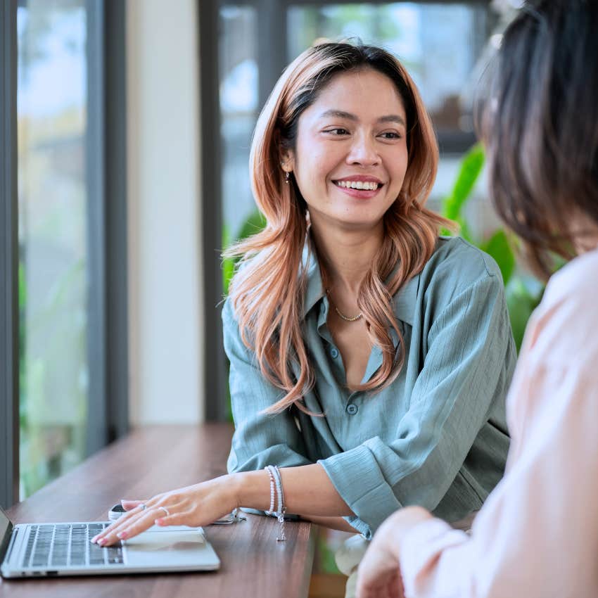 gen z woman talking to colleague refusing to use toxic positivity