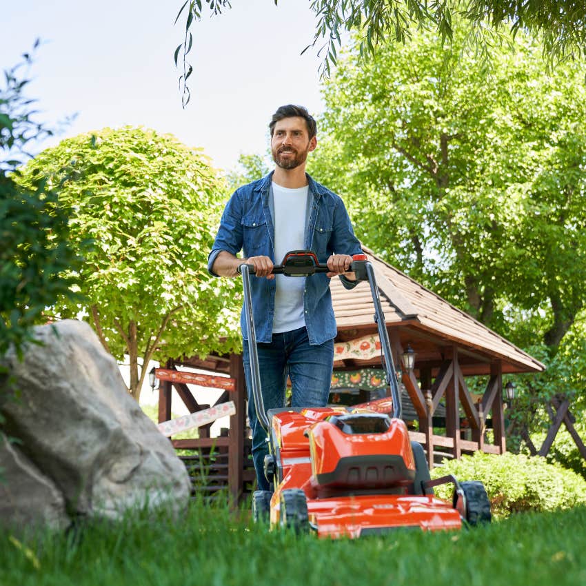 self-confident independent man mowing lawn did chores as a kid