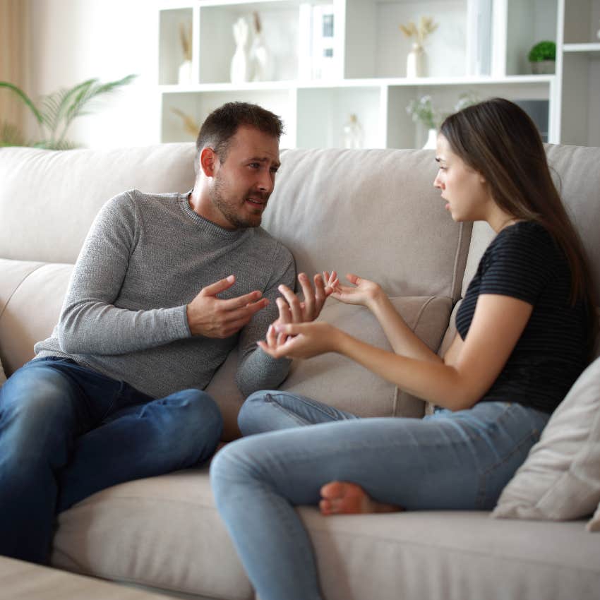 man slowly losing self-confidence talking to girlfriend because he can't make a decision