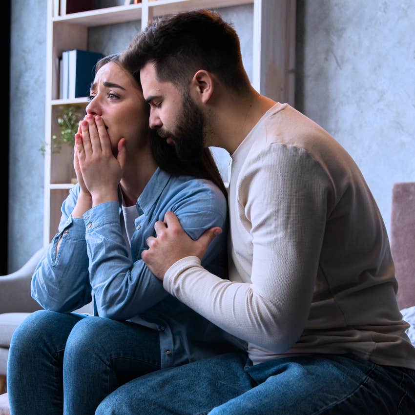 Woman saying "I promise I'll be better" to her upset partner.