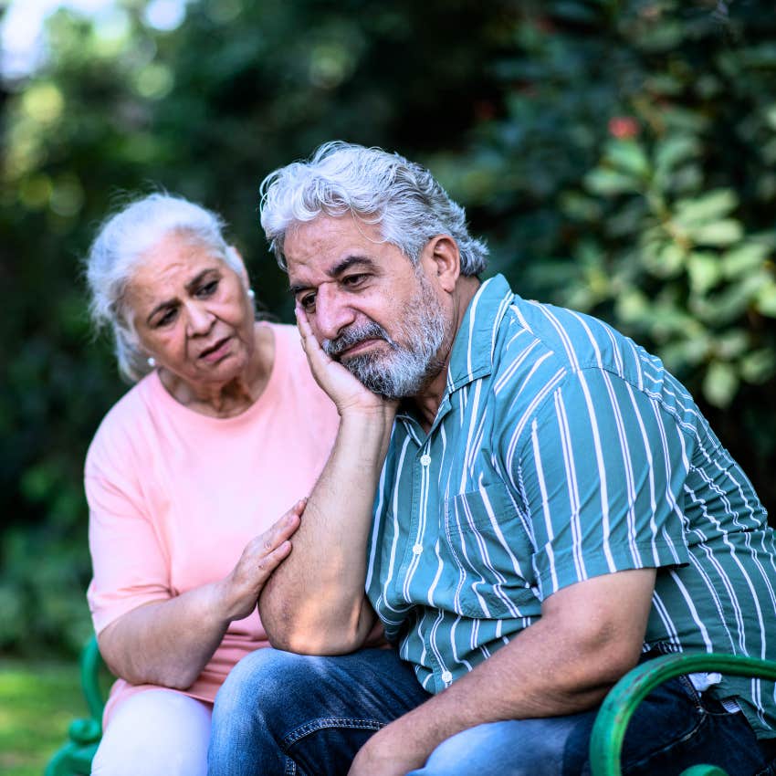 Upset man saying "I shouldn't have said that" to his critical wife.