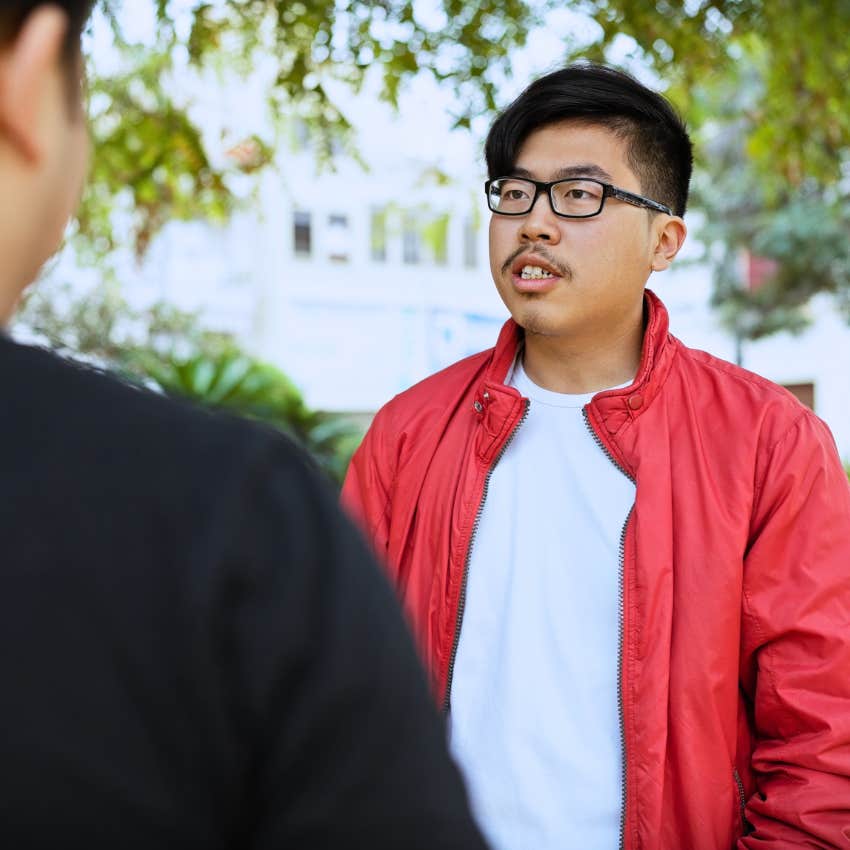 Man raised by messy parents saying "Can we go to your place?" to his friend.