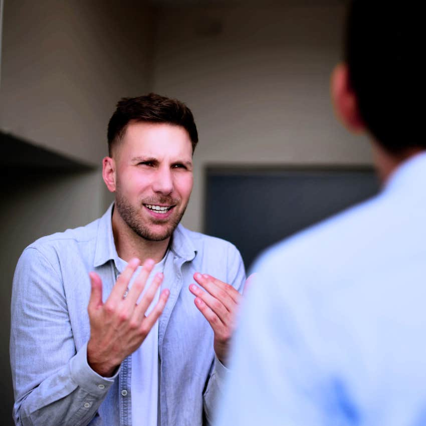 man telling friend I'm talking to you right now in assertive conversation