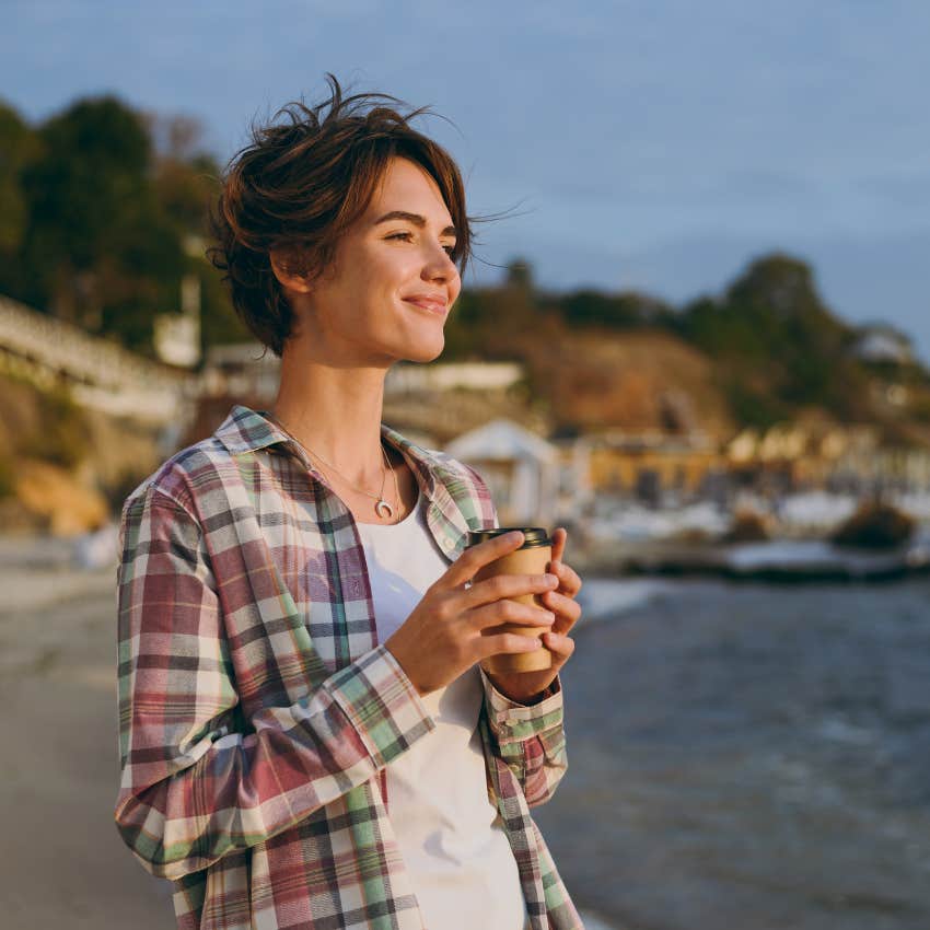 happy woman walking outside without distractions as a hobby