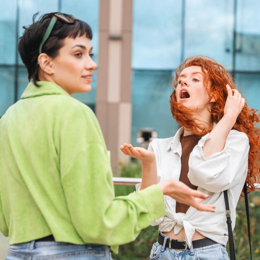woman telling friend she's out to get that she's overreacting
