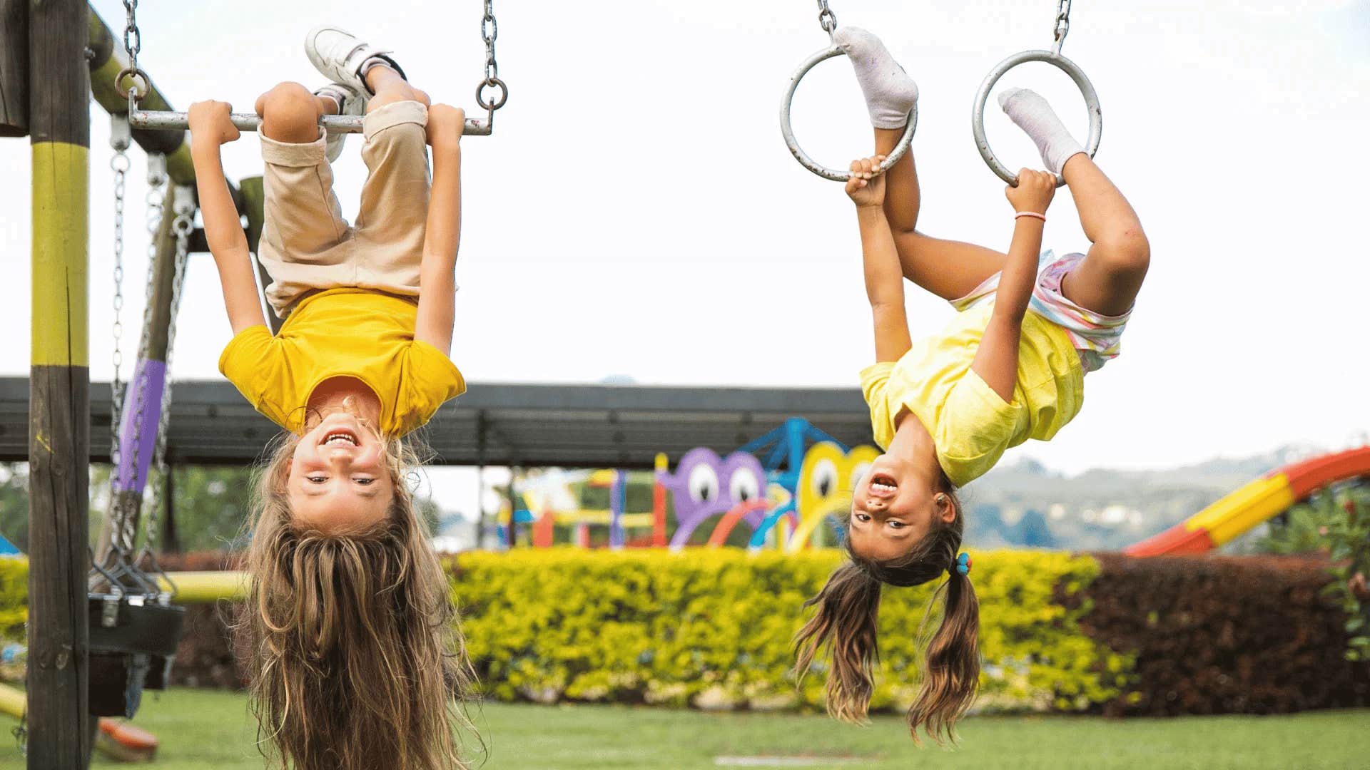 kids playing on the jungle gym rings