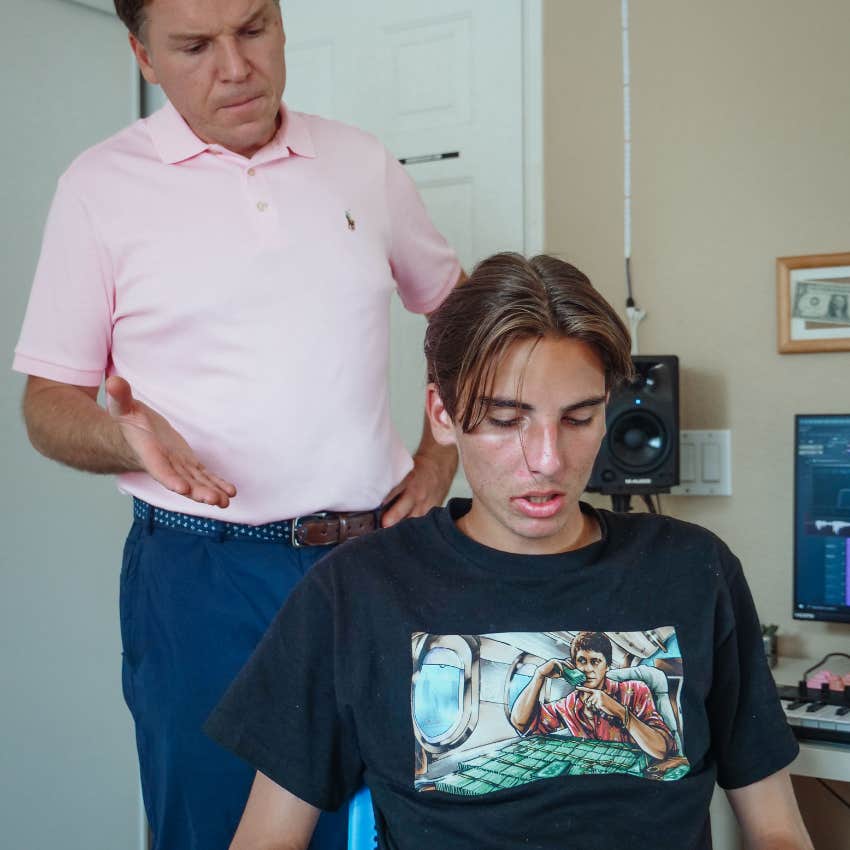Young adult looking guilty with a dad who lacks boundaries 