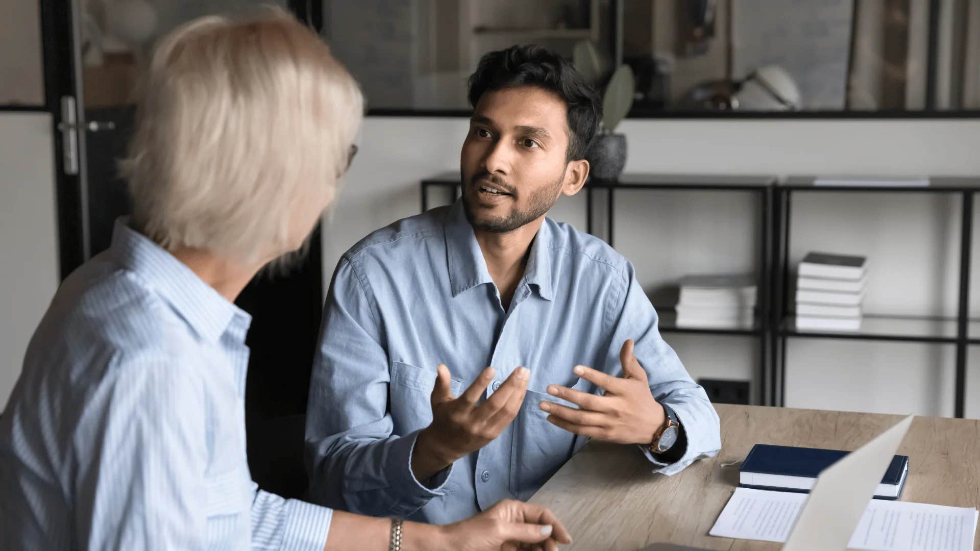 man telling woman let's take a quick breather