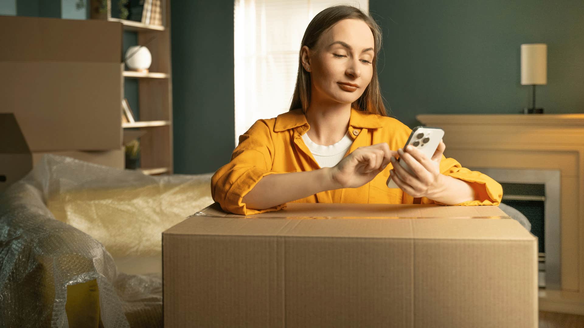 woman in yellow shirt texting i'm still trying to get everything organized as she unpacks