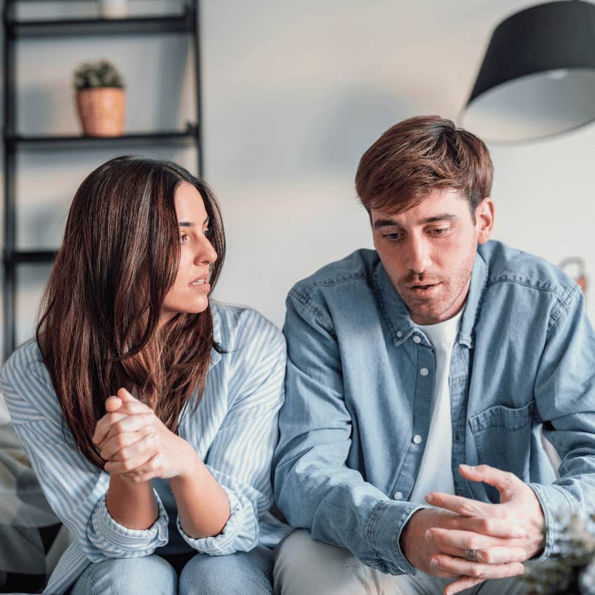 man talking to woman not letting emotions take over his brain
