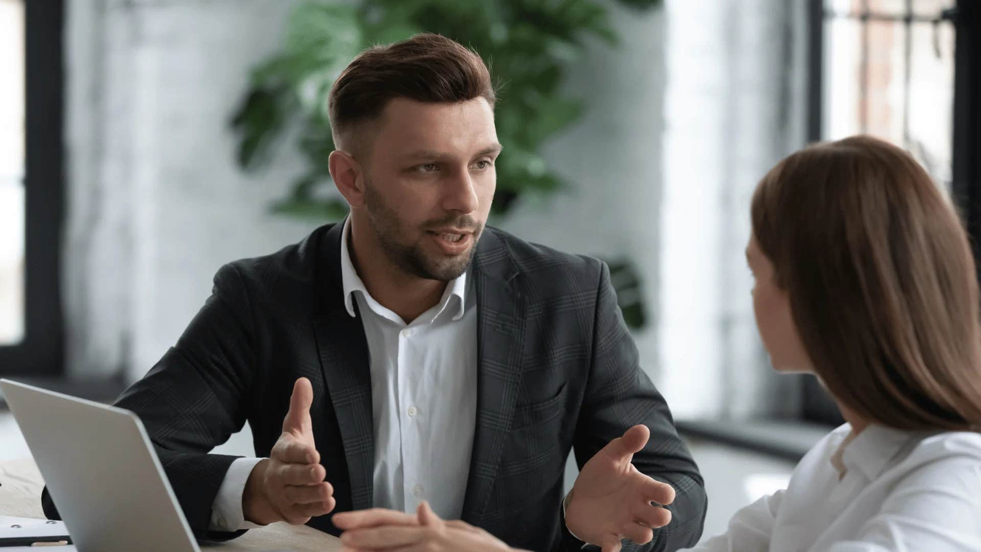 man telling woman i'm not the right person for this but can refer you to someone who is