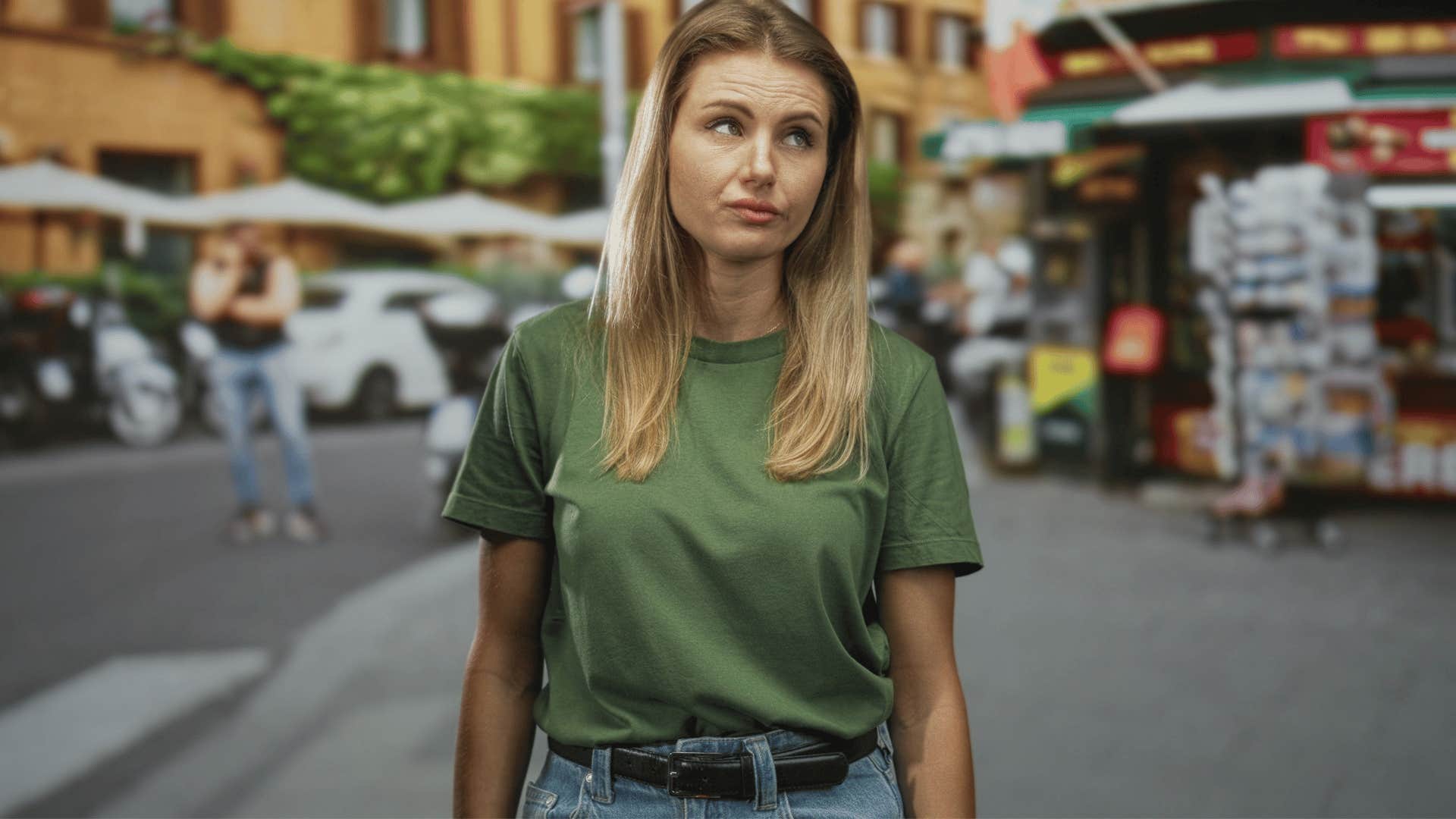 woman in green shirt rolling eyes as she says i don't have a problem