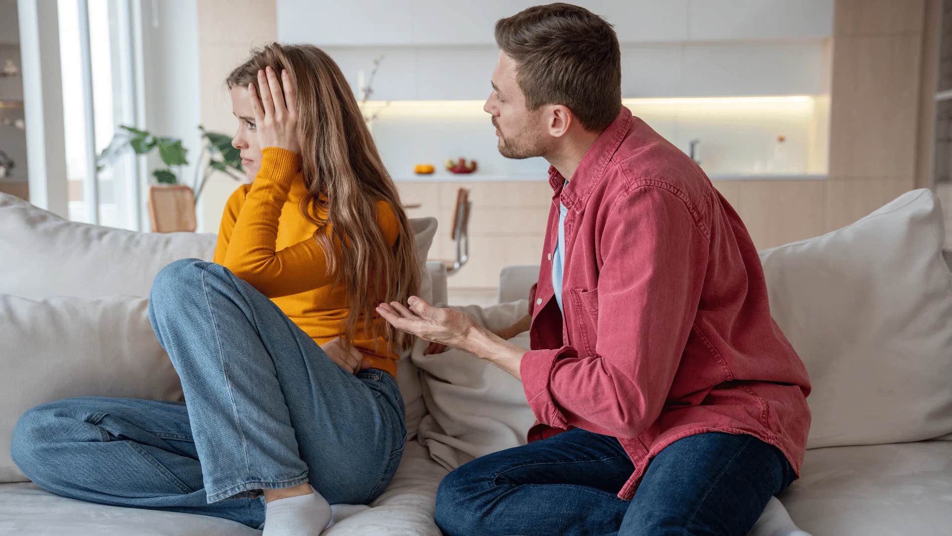 man telling woman we already talked about this