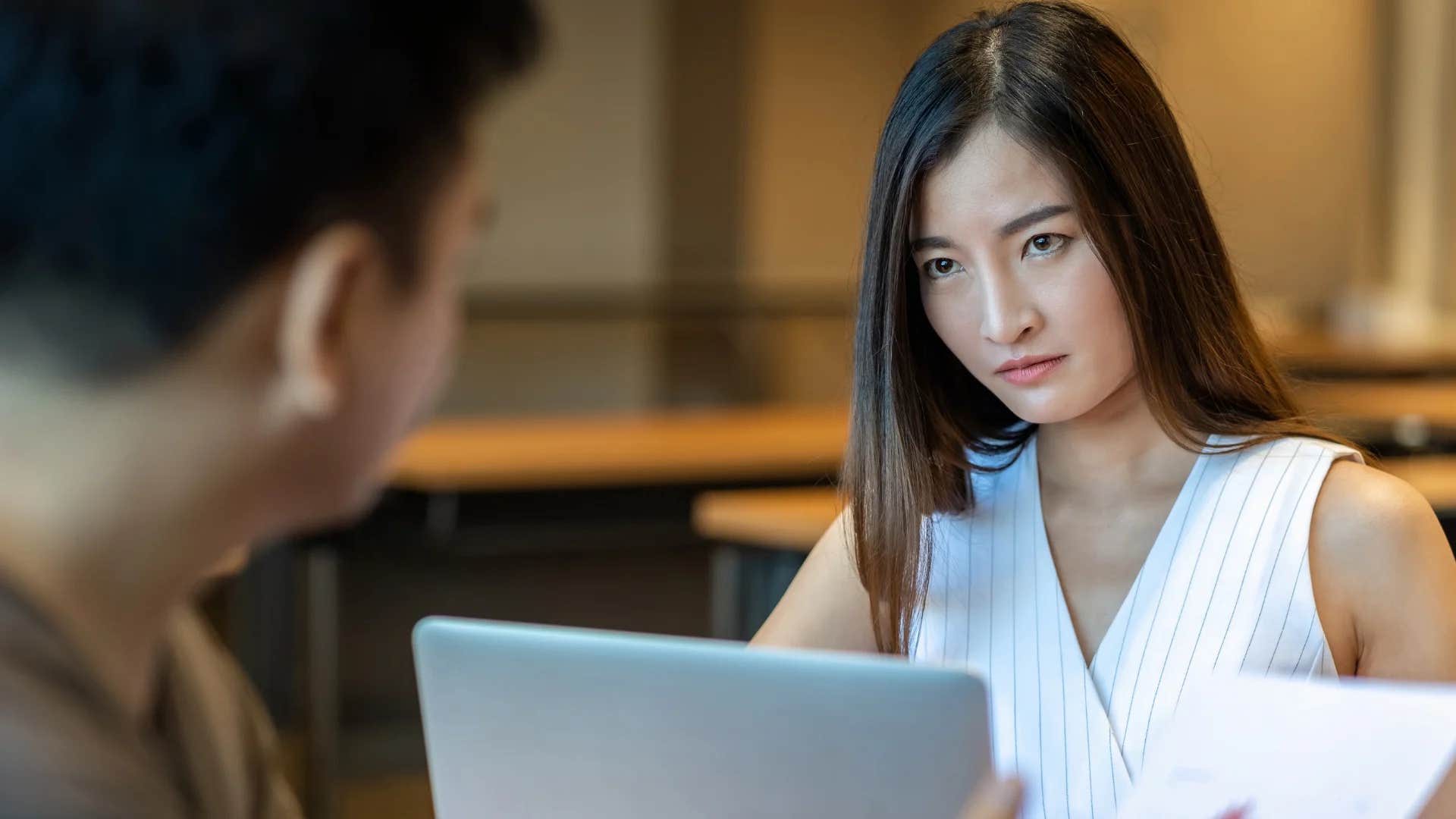 serious woman telling man i'm just brutally honest