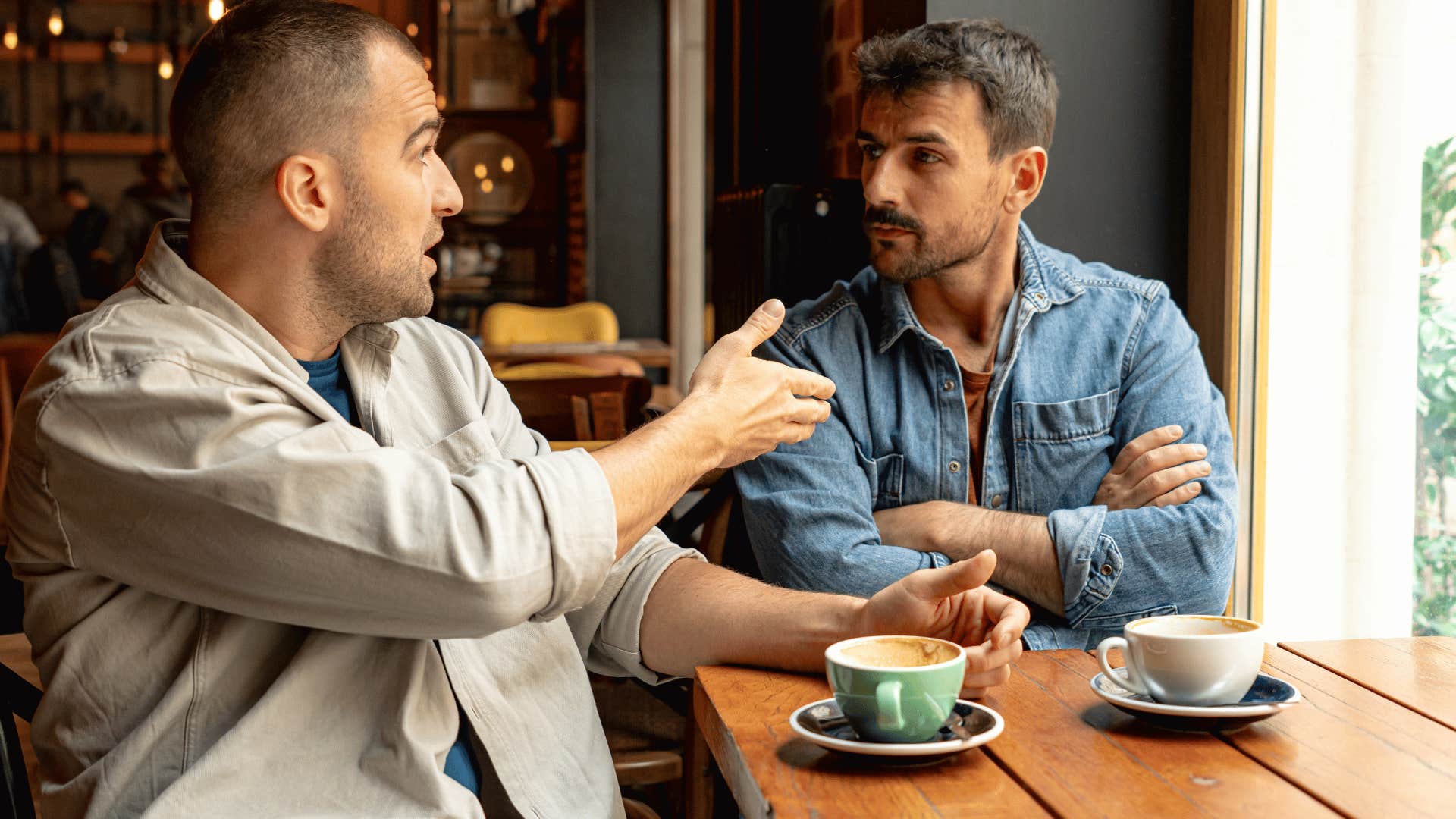 man telling friend over coffee people are allowed to feel differently 