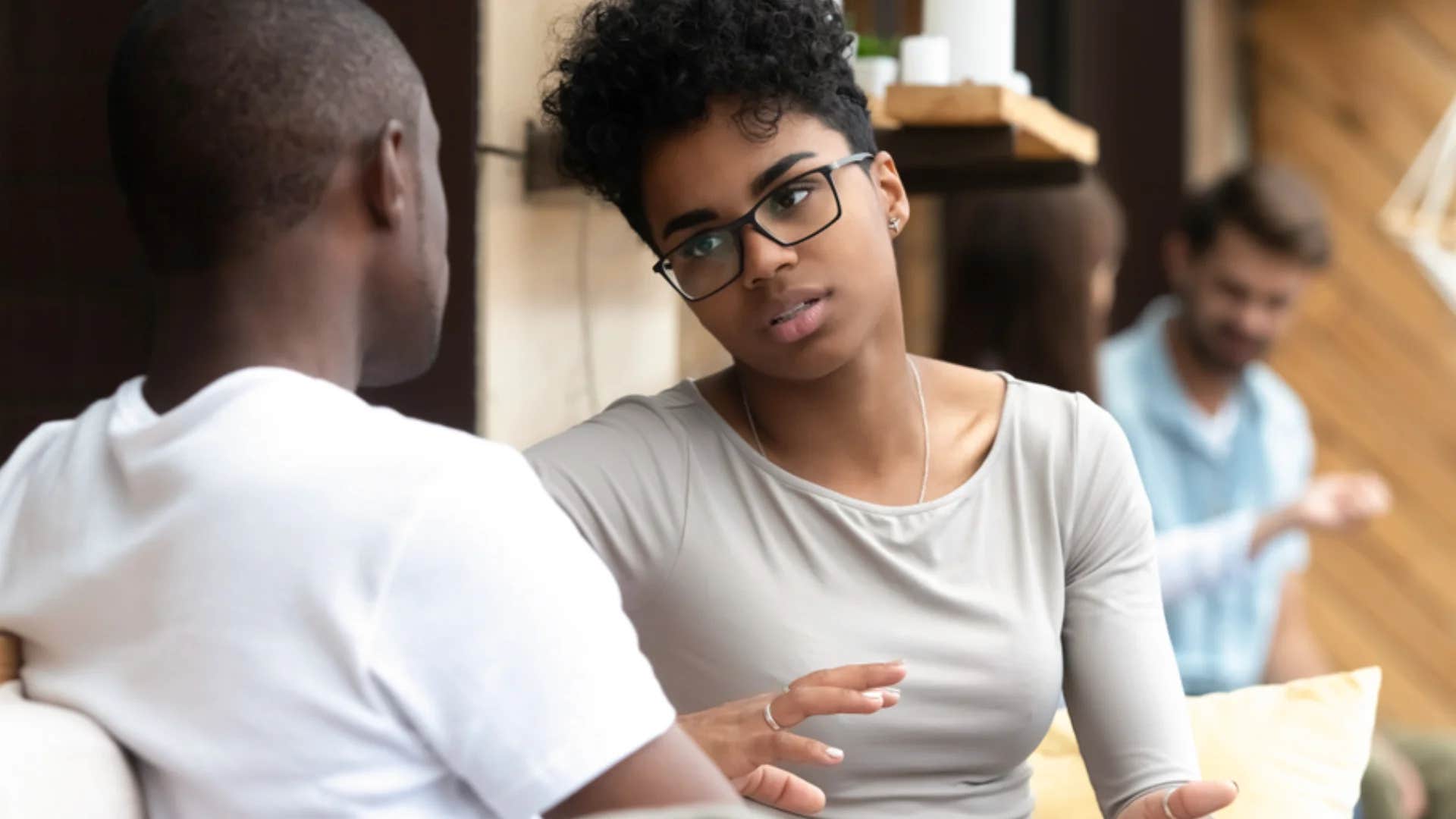 woman telling man i'll let your words speak for themselves