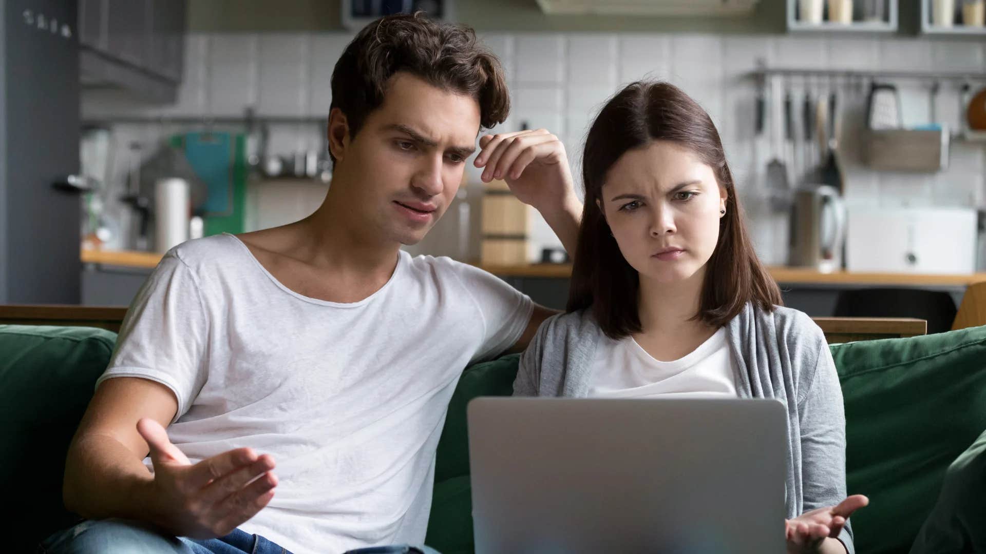 woman telling man let me check before i decide