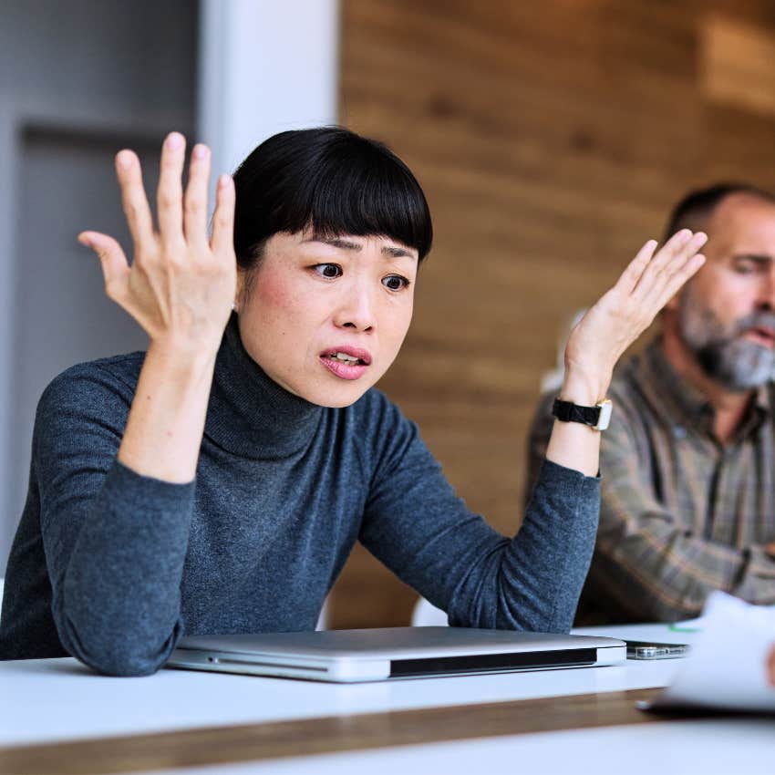 Woman saying "I completely missed that" at work.