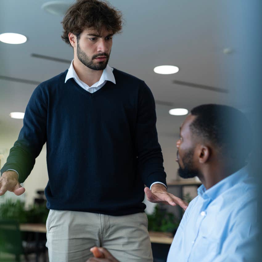 Man saying "I don't know what to choose" to his co-worker.