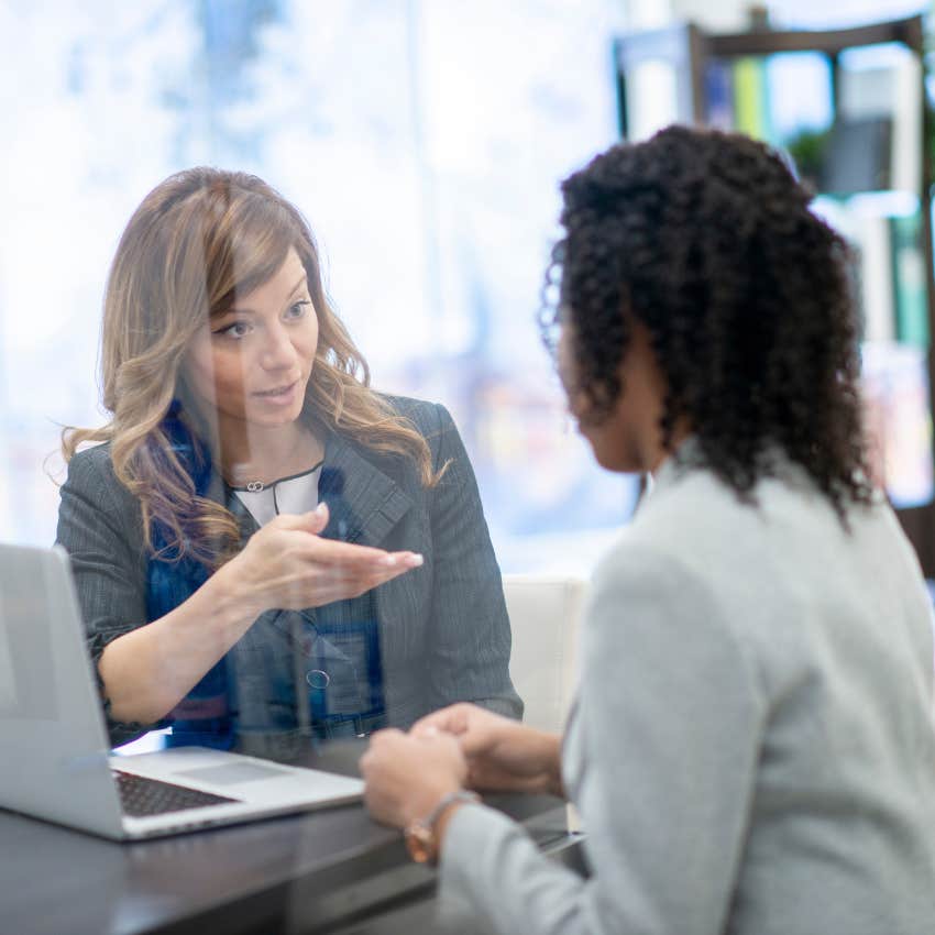 woman trying to make coworker look dumb saying do you understand