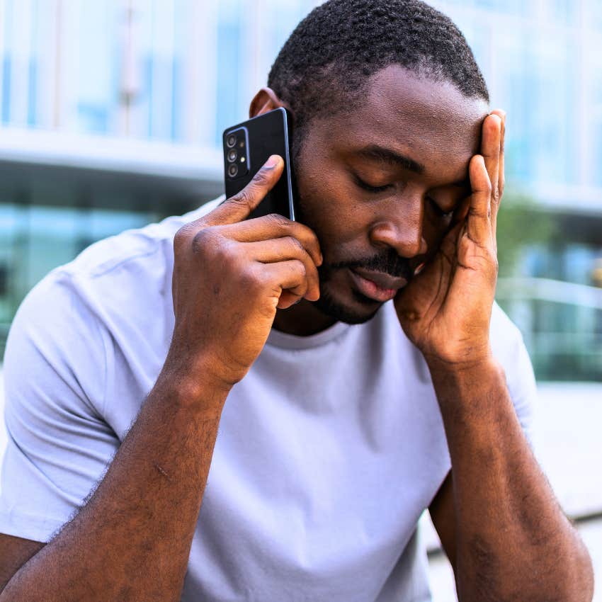 exhausted man on the phone saying I just never get a break