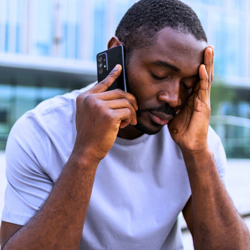 exhausted man saying he doesn't have time for that on the phone