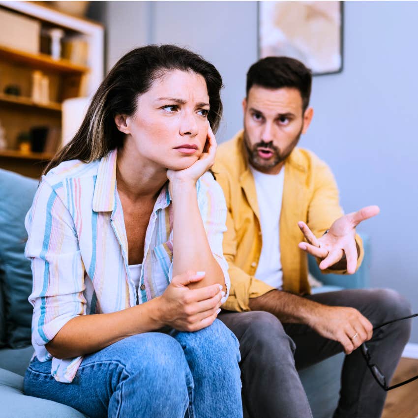 exhausted woman saying whatever to her upset husband