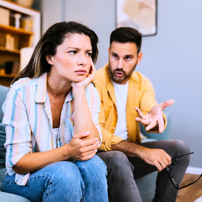 Man saying "yeah, I'm sure you will" to his partner.