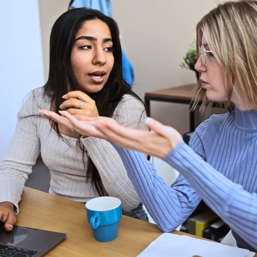 hypocritical woman telling friend I can't believe they would do that